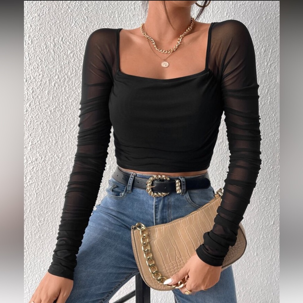 SHEIN Black Square-Neck Sheer Long-Sleeve Crop Top